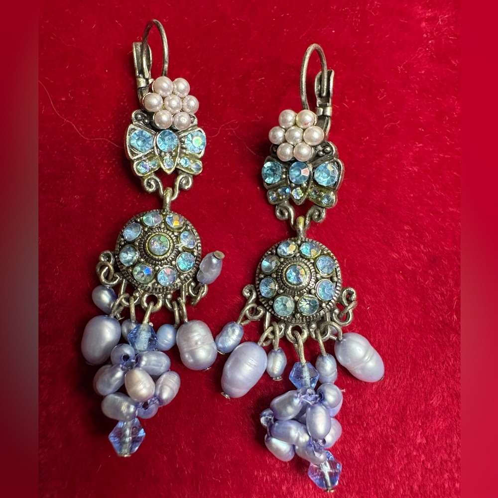 Earrings Blue Aurora Borealis Rhinestones Glass Beads Pearls Freshwater Gold